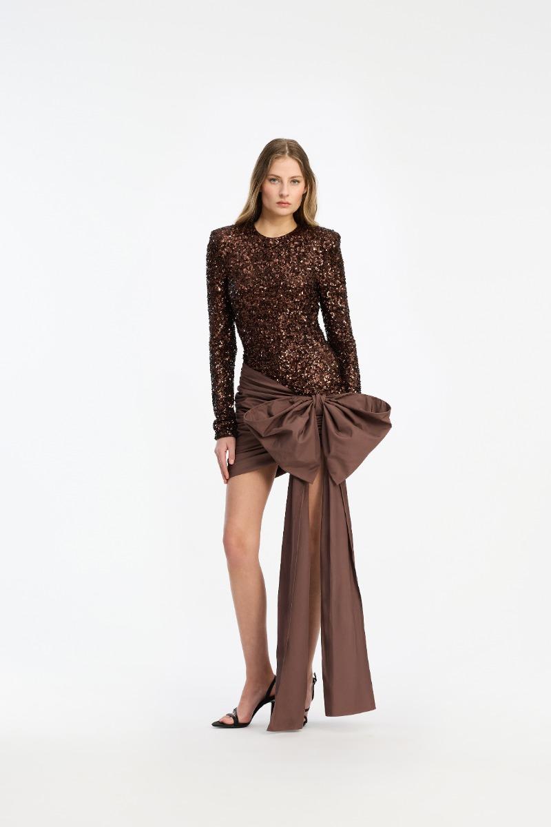 rotate birger christensen Sequins Bow Mini Dress Dark Brown
