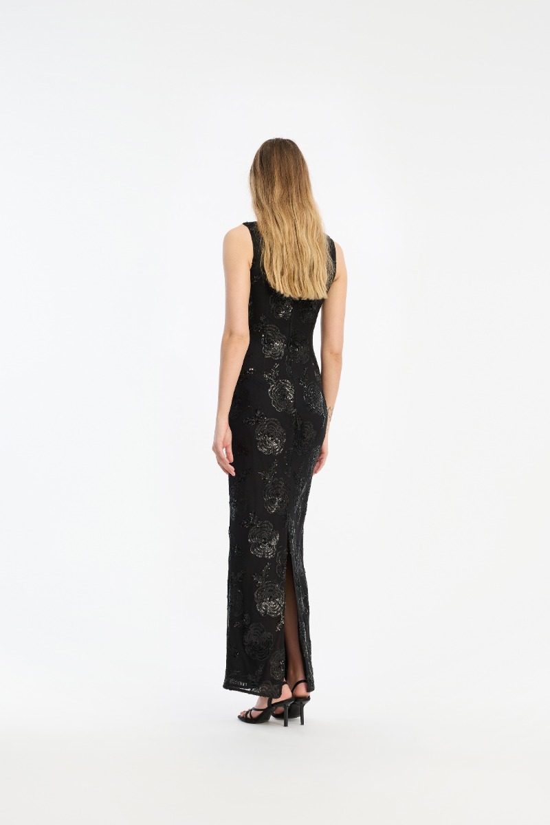 Rotate Birger Christensen Sequins Fitted Maxi Dress Black