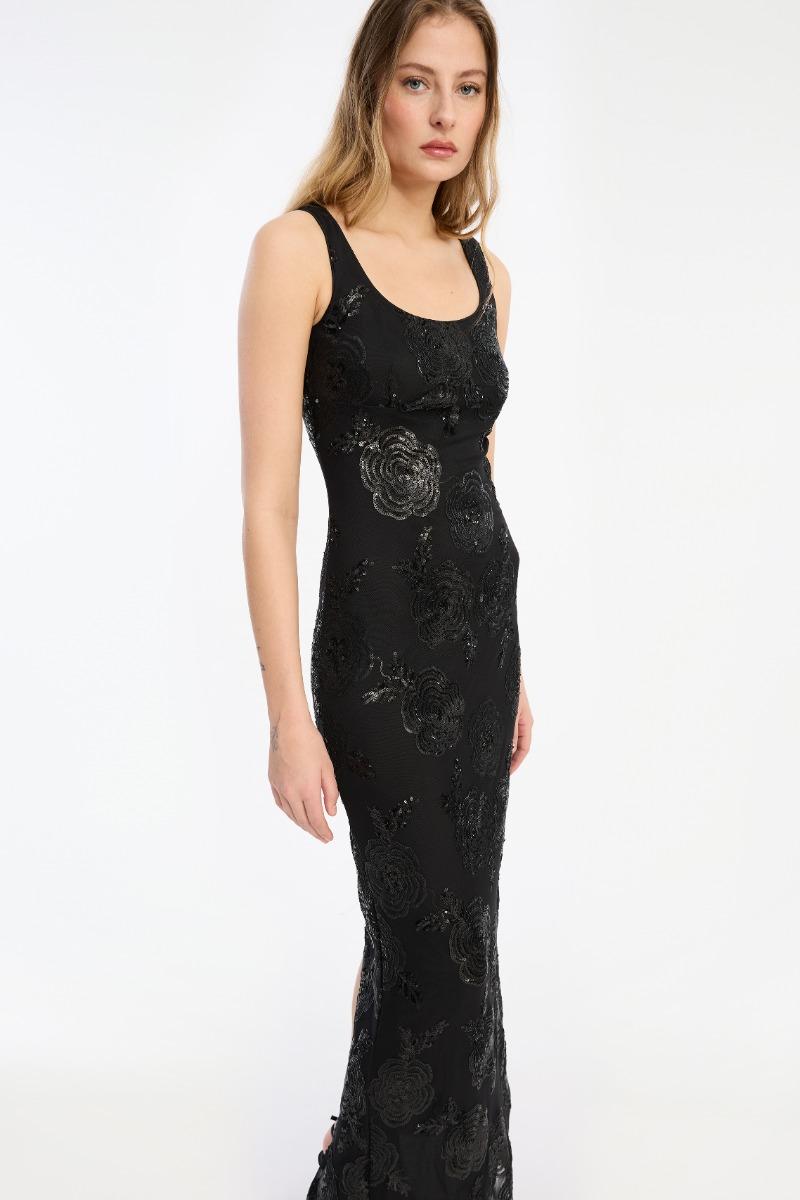 Rotate Birger Christensen Sequins Fitted Maxi Dress Black