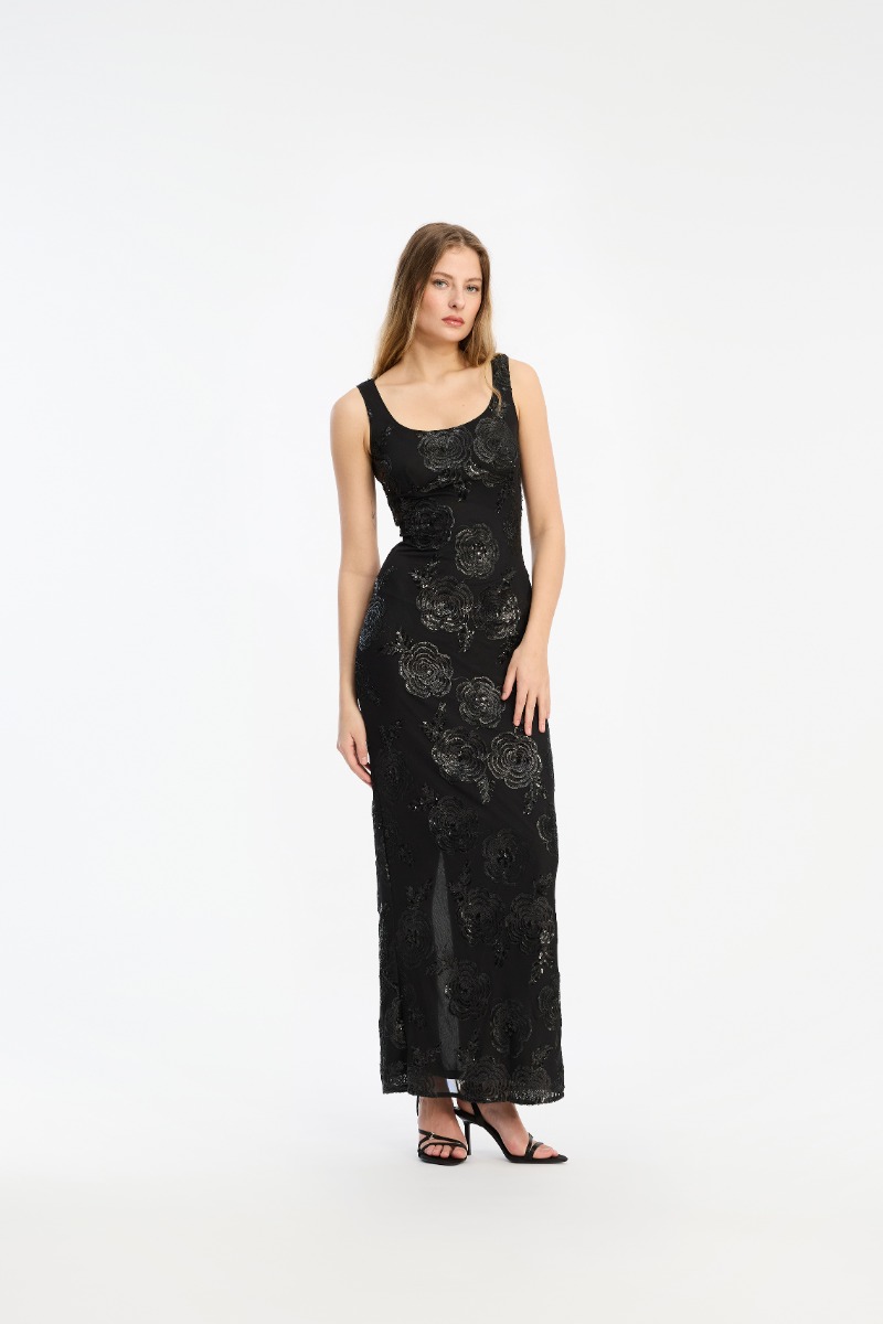 rotate birger christensen Sequins Fitted Maxi Dress Black