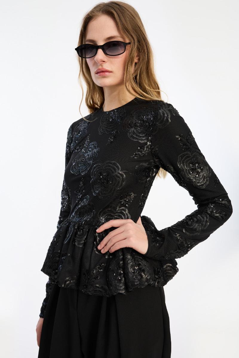 Rotate Birger Christensen Sequins Ls Bubble Top Black