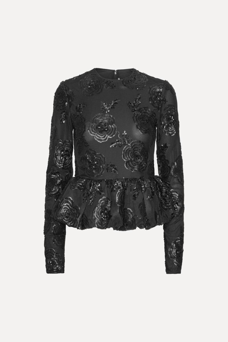 Rotate Birger Christensen Sequins Ls Bubble Top Black