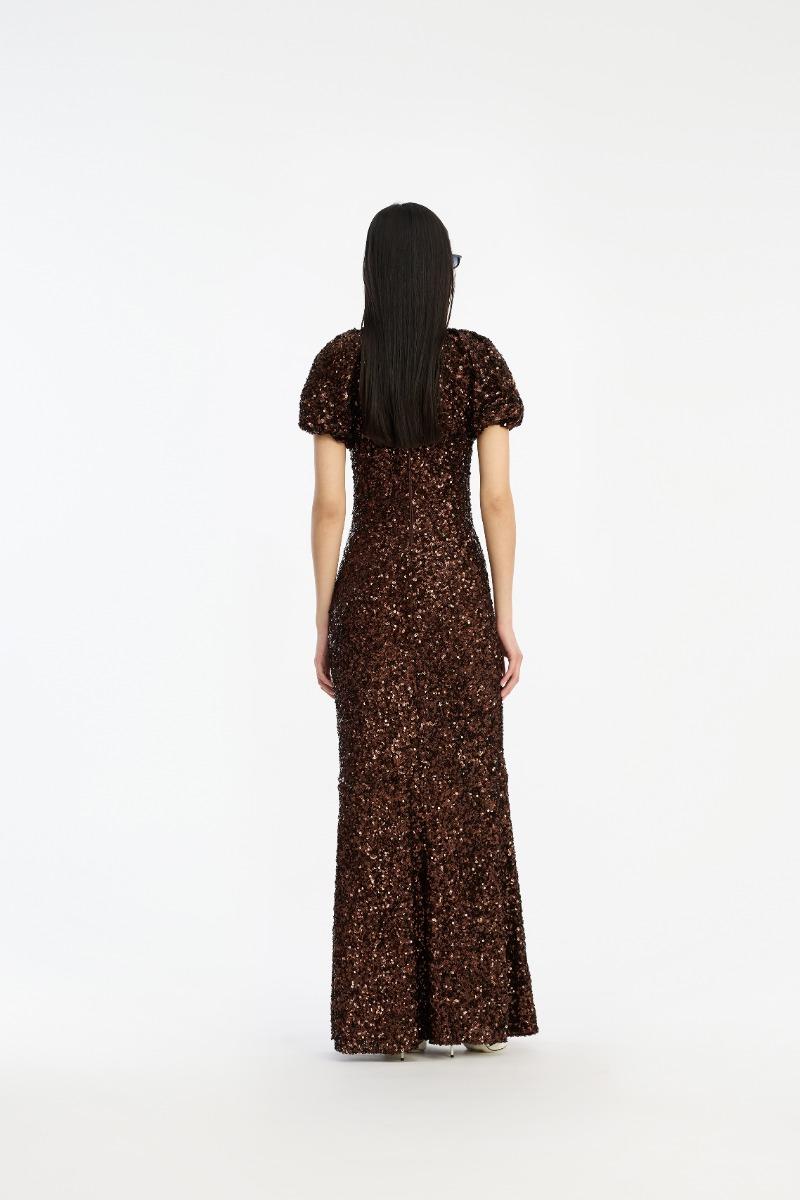 Rotate Birger Christensen Sequins Midi V-neck Dress Dark Brown
