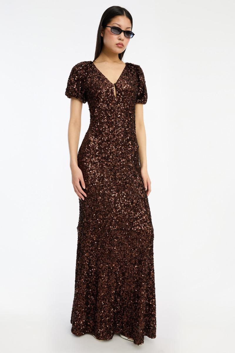 Rotate Birger Christensen Sequins Midi V-neck Dress Dark Brown