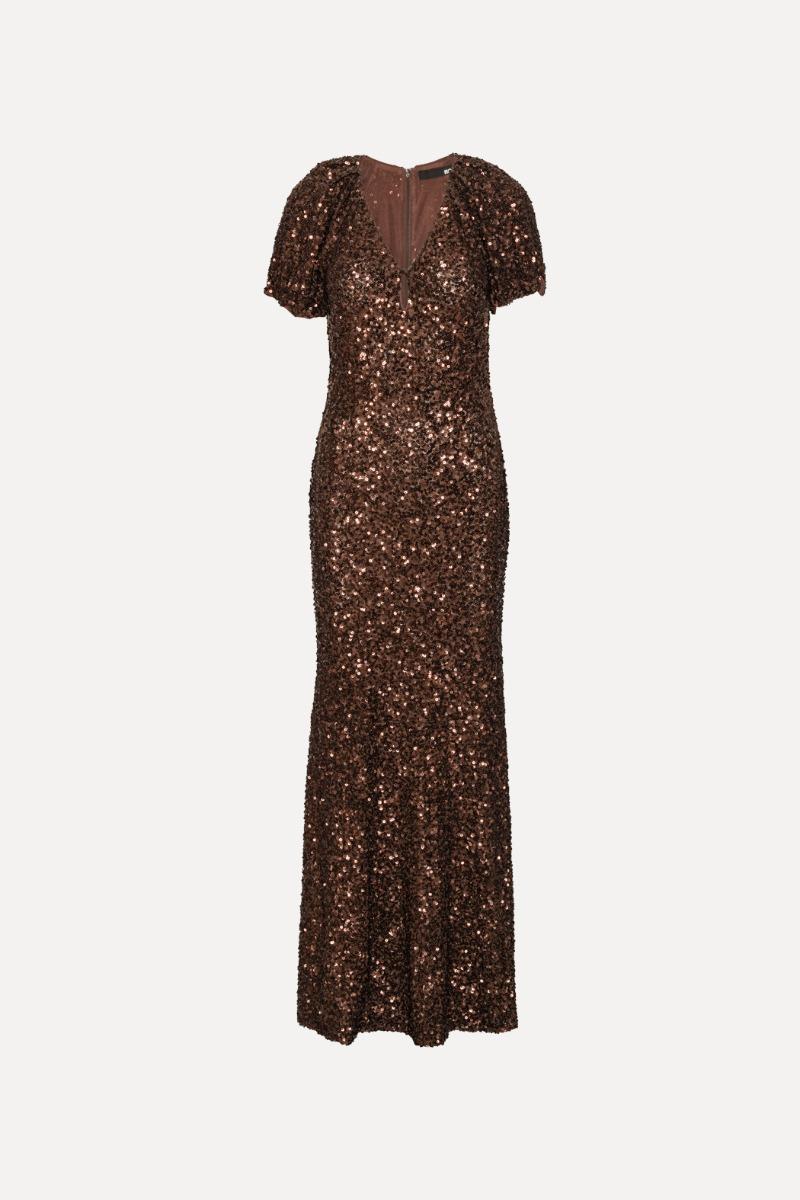 Rotate Birger Christensen Sequins Midi V-neck Dress Dark Brown