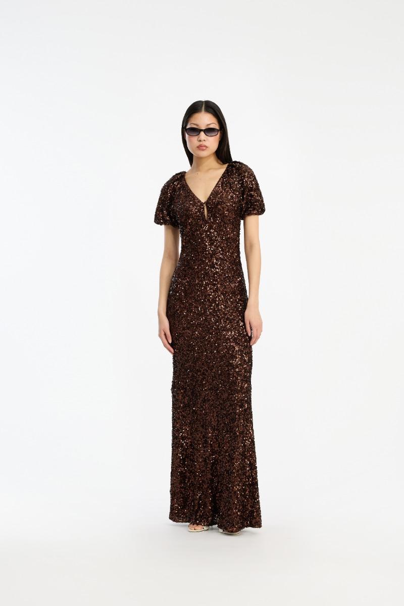 rotate birger christensen Sequins Midi V-neck Dress Dark Brown
