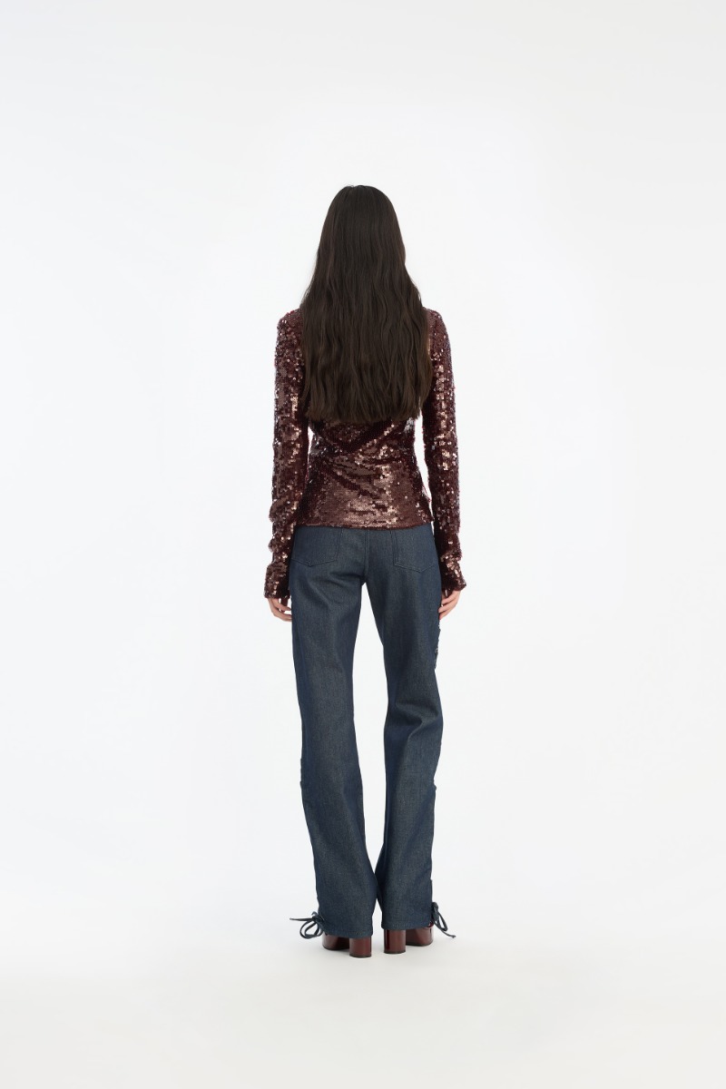 Rotate Birger Christensen Sequins V-neck Top Burgundy