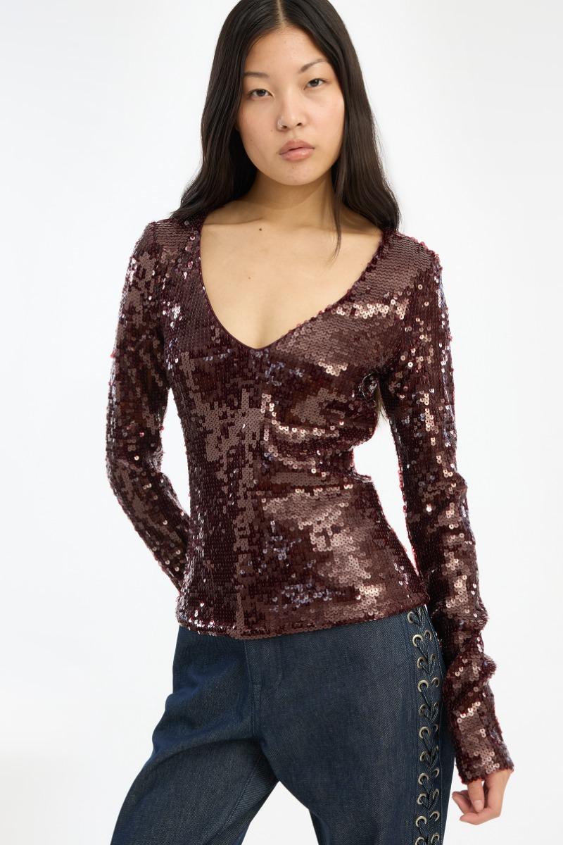 Rotate Birger Christensen Sequins V-neck Top Burgundy