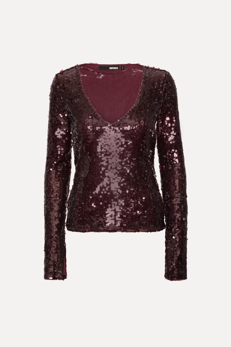 Rotate Birger Christensen Sequins V-neck Top Burgundy