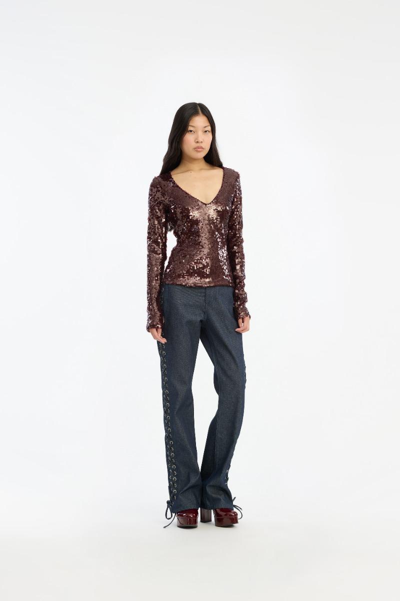 rotate birger christensen Sequins V-neck Top Burgundy