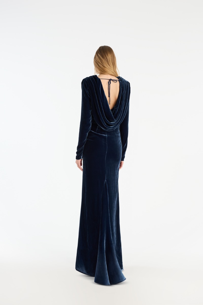 Rotate Birger Christensen Silk Velvet Draped Dress Dark Blue