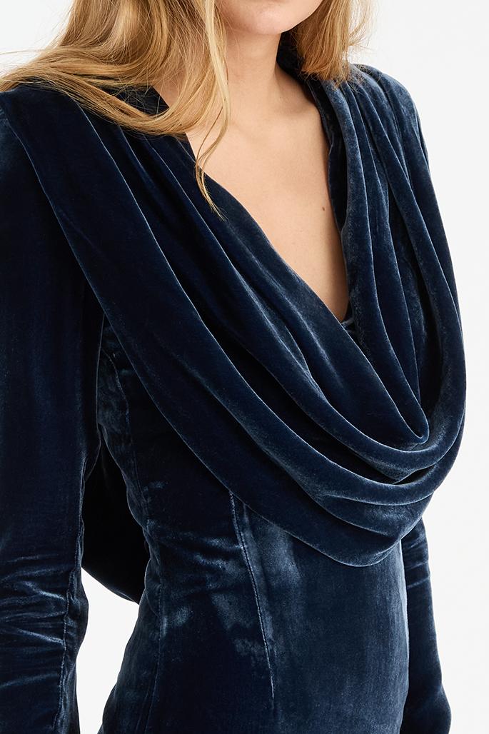 Rotate Birger Christensen Silk Velvet Draped Dress Dark Blue