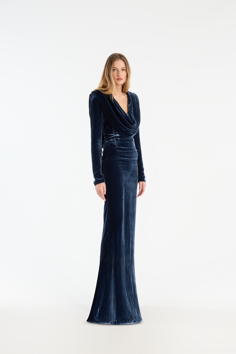 rotate birger christensen Silk Velvet Draped Dress Dark Blue
