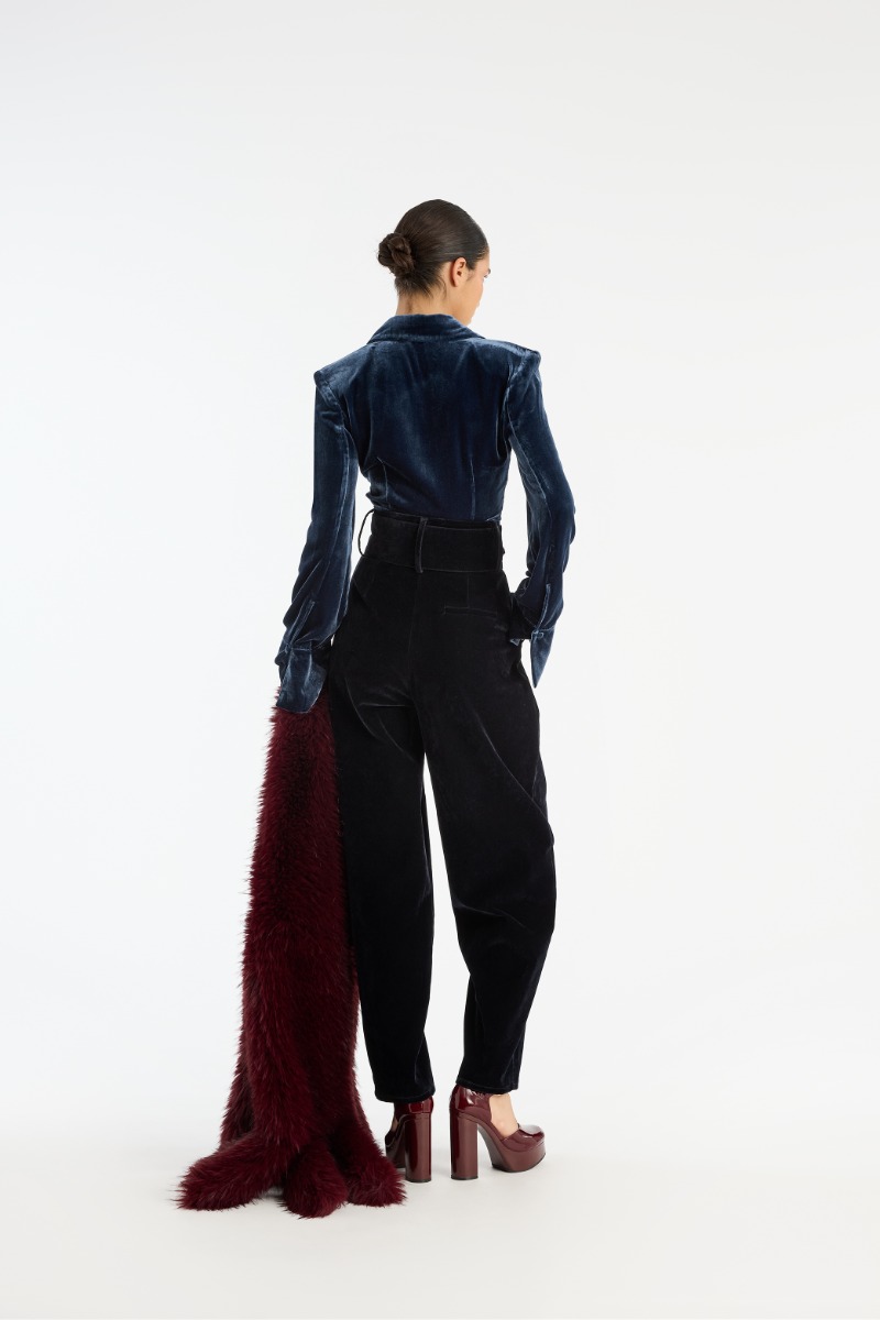 Rotate Birger Christensen Silk Velvet Fitted Shirt Dark Blue