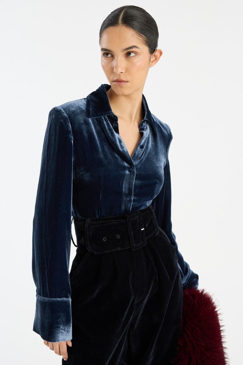 Rotate Birger Christensen Silk Velvet Fitted Shirt Dark Blue