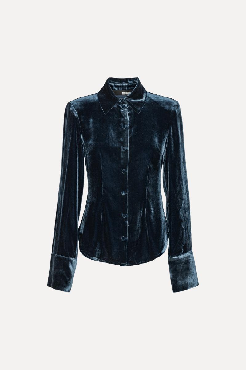 Rotate Birger Christensen Silk Velvet Fitted Shirt Dark Blue