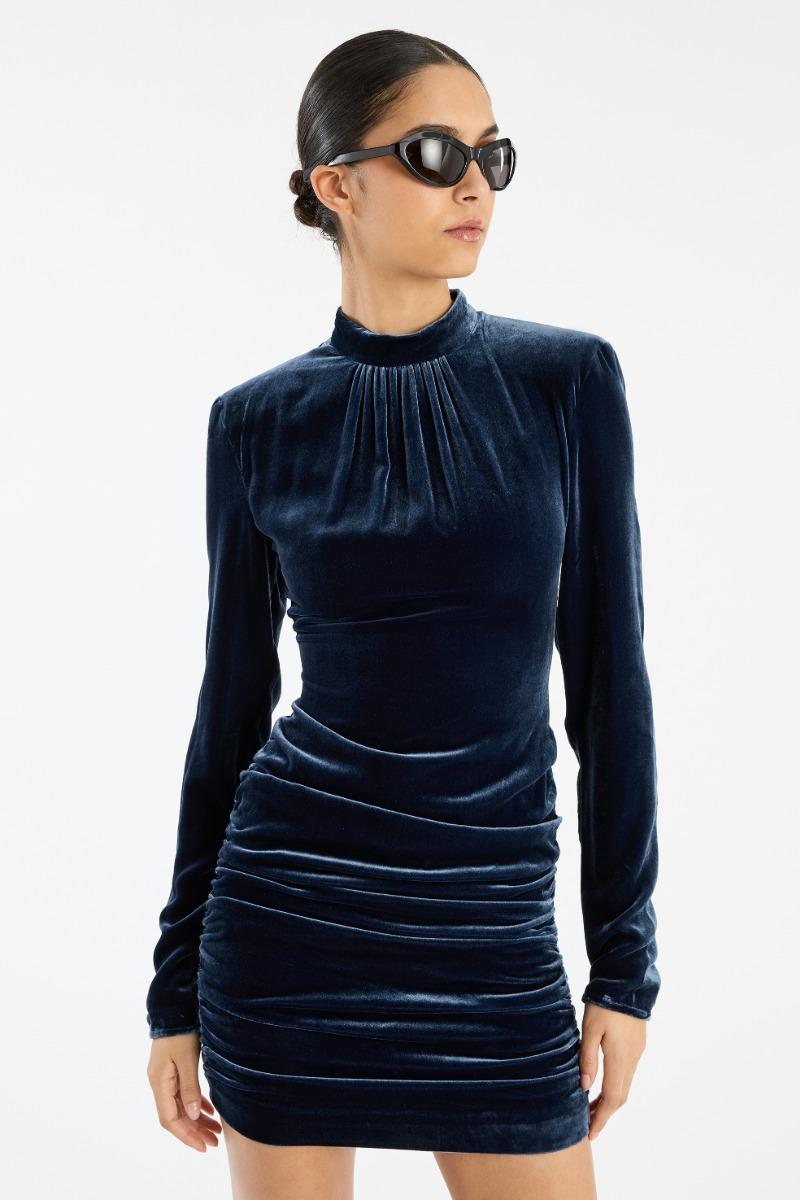 Rotate Birger Christensen Silk Velvet Ls Mini Dress Dark Blue