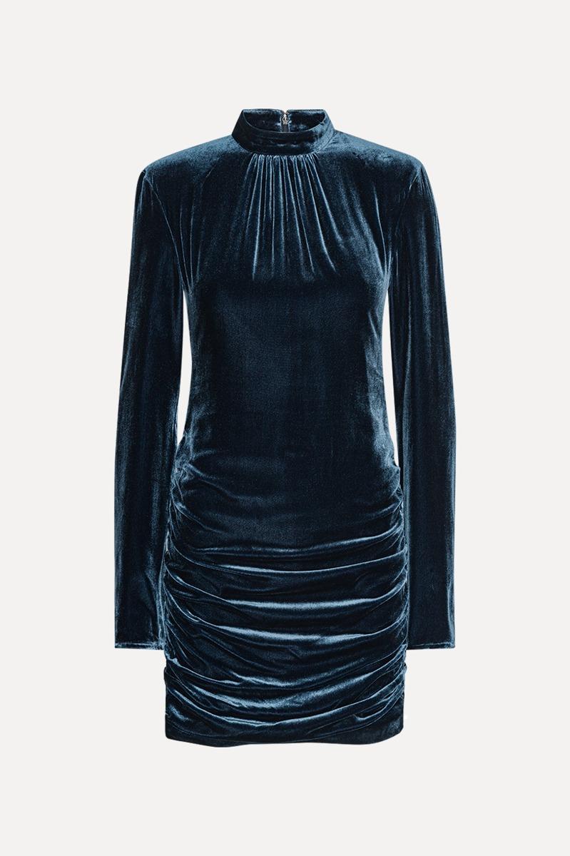 Rotate Birger Christensen Silk Velvet Ls Mini Dress Dark Blue