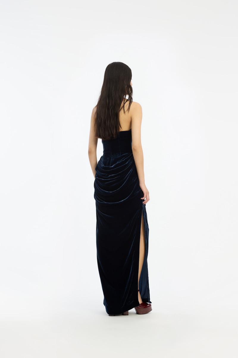 Rotate Birger Christensen Silk Velvet Slit Dress Dark Blue