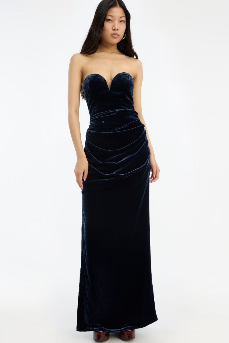 Rotate Birger Christensen Silk Velvet Slit Dress Dark Blue