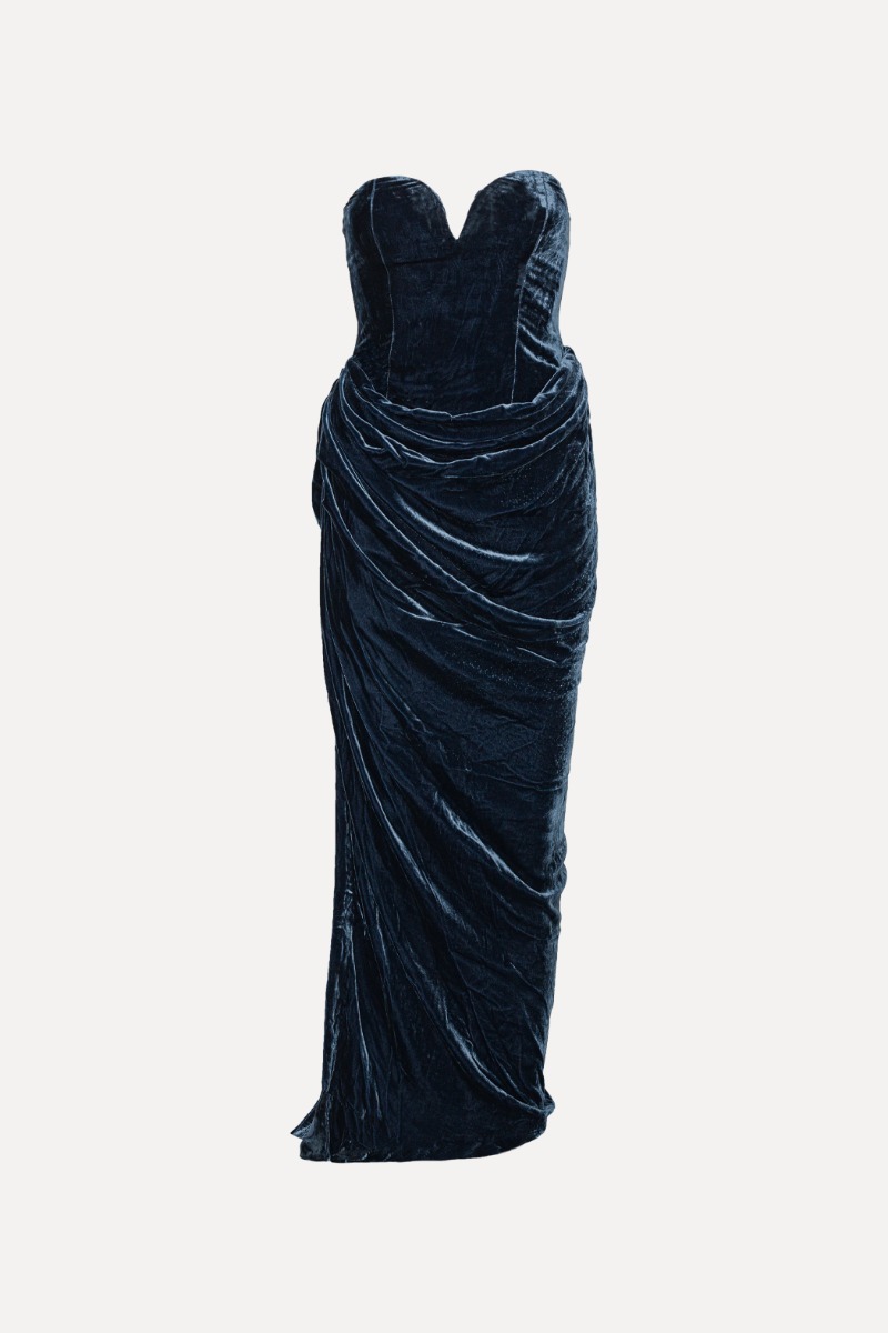 Rotate Birger Christensen Silk Velvet Slit Dress Dark Blue