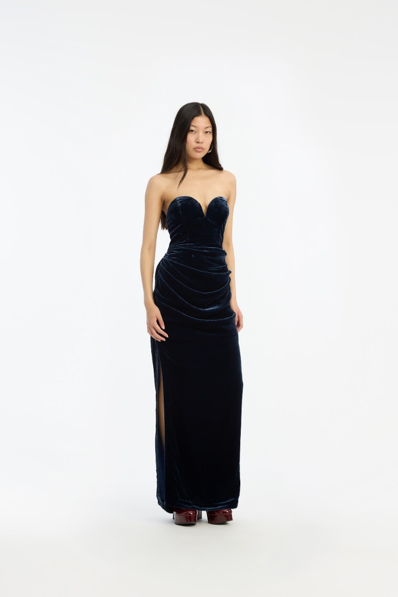 rotate birger christensen Silk Velvet Slit Dress Dark Blue