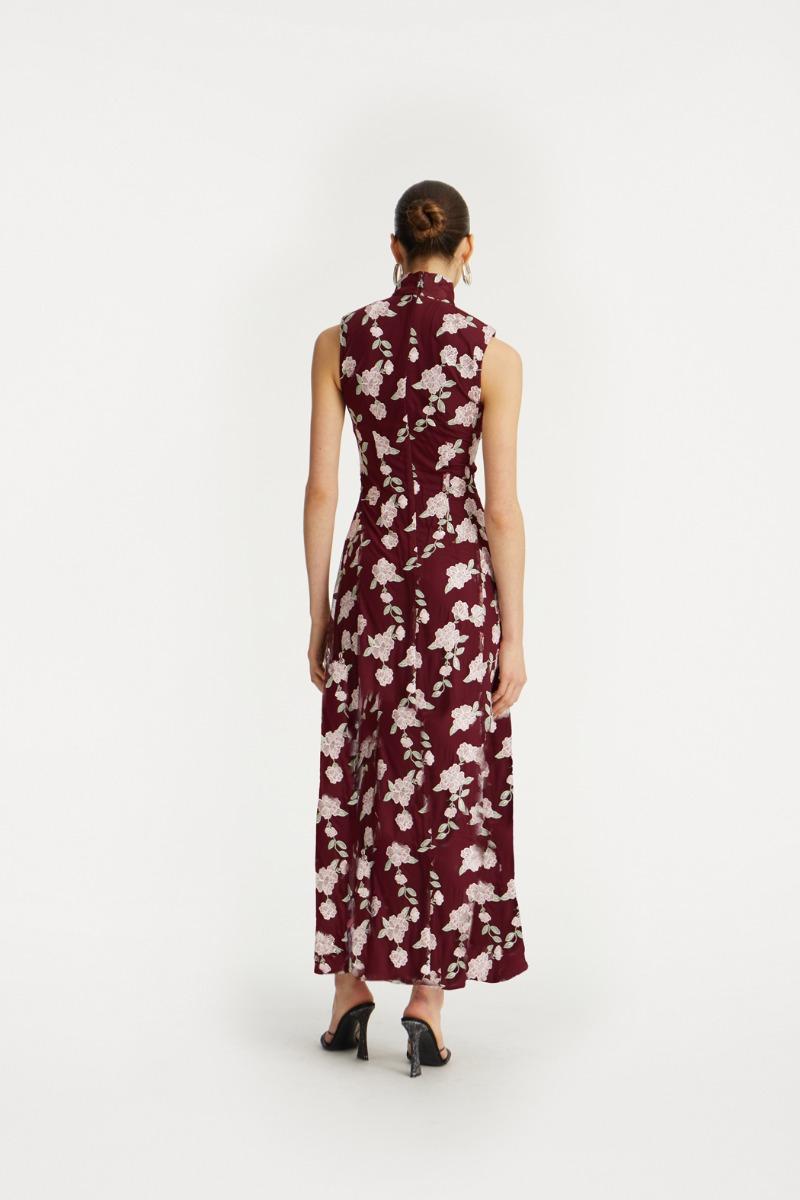 Rotate Birger Christensen Sleeveless Maxi Dress Bordeaux Flower Print
