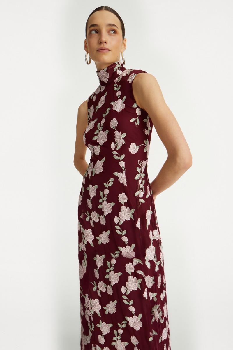 Rotate Birger Christensen Sleeveless Maxi Dress Bordeaux Flower Print