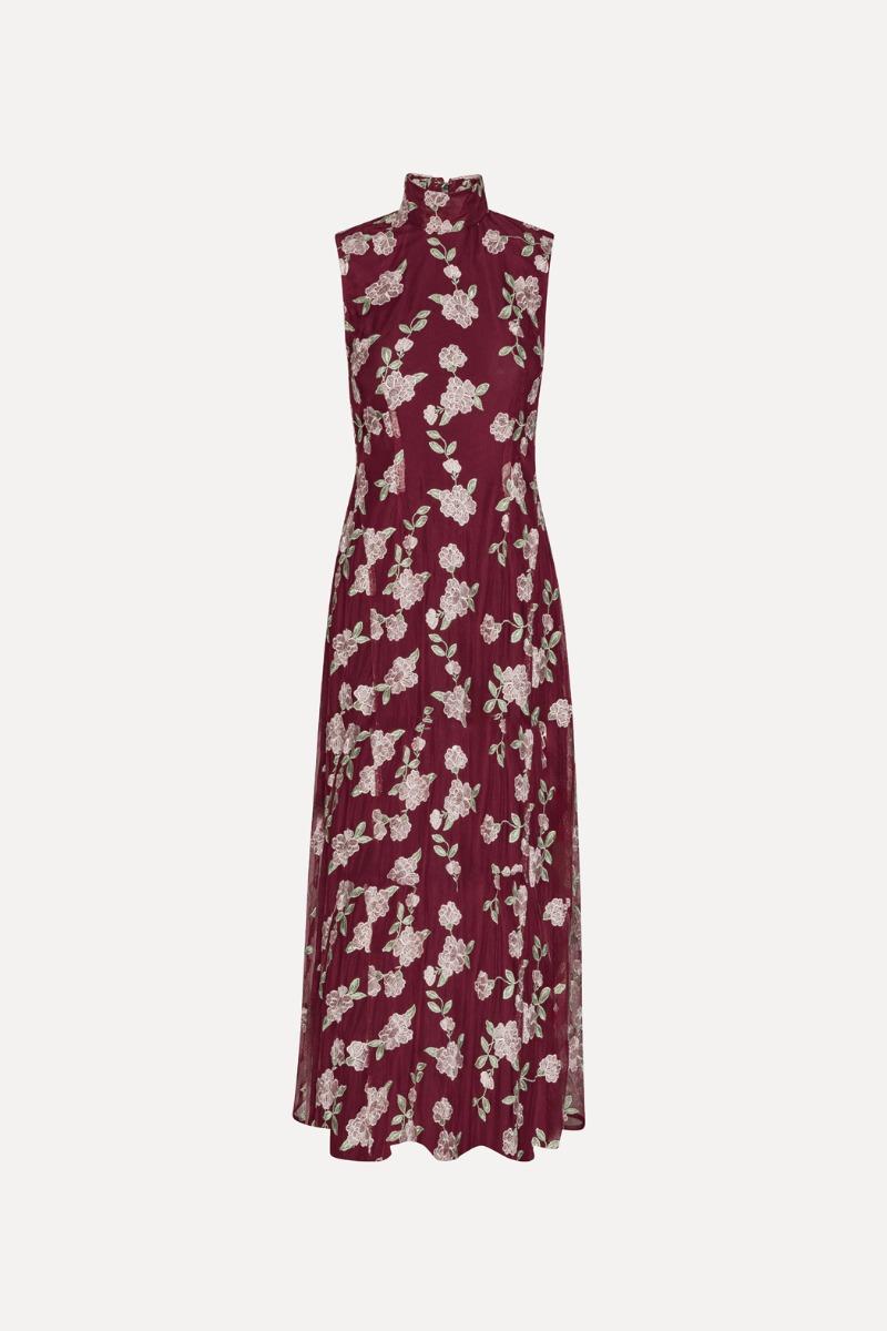 Rotate Birger Christensen Sleeveless Maxi Dress Bordeaux Flower Print