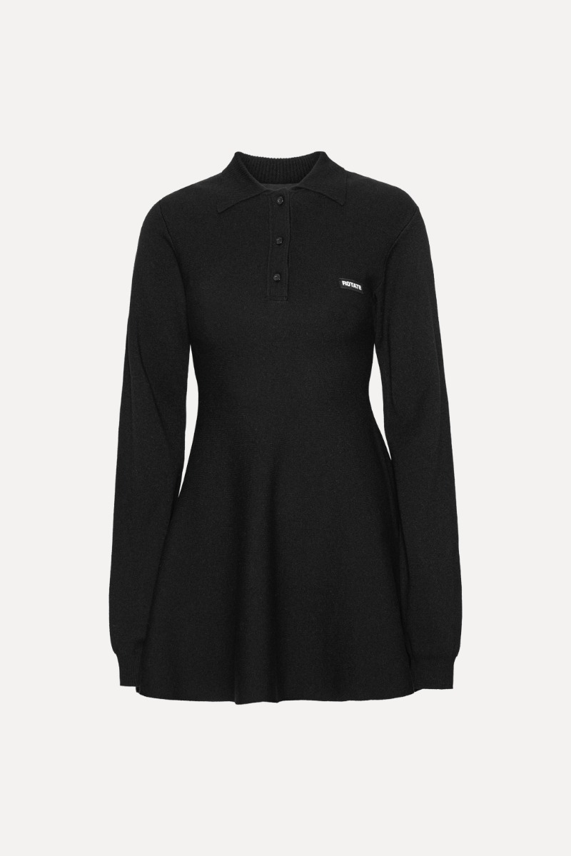 Rotate Birger Christensen Slinky Knit Polo Dress Black