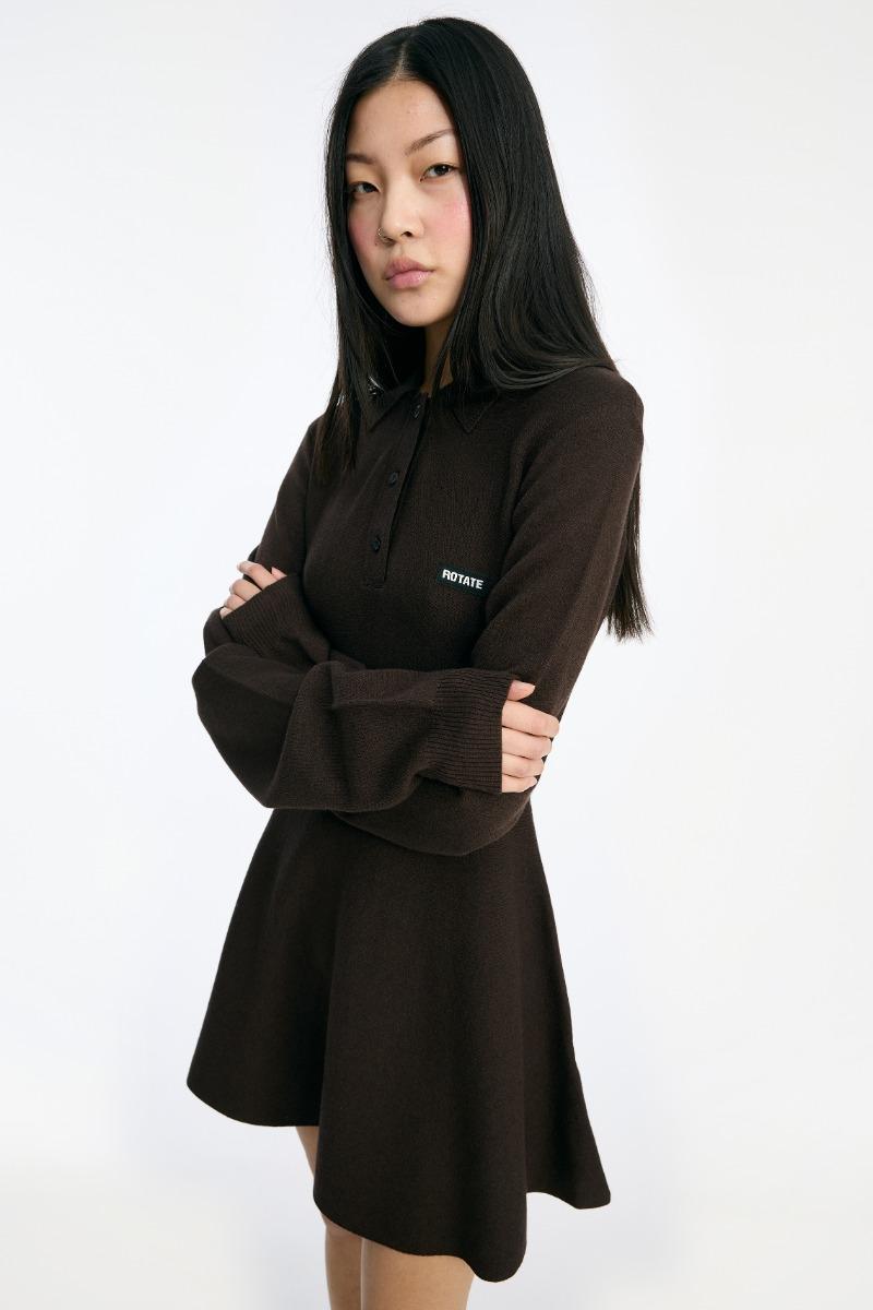 Rotate Birger Christensen Slinky Knit Polo Dress Dark Brown