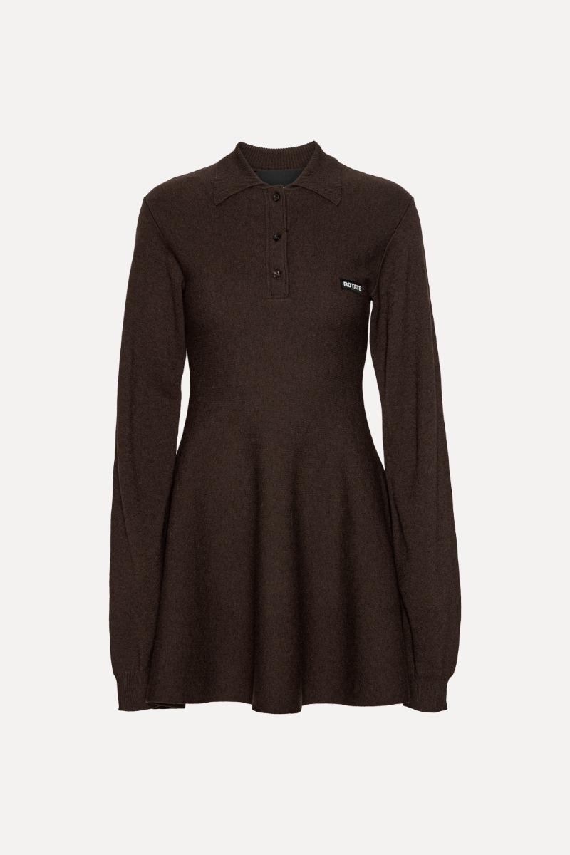 Rotate Birger Christensen Slinky Knit Polo Dress Dark Brown
