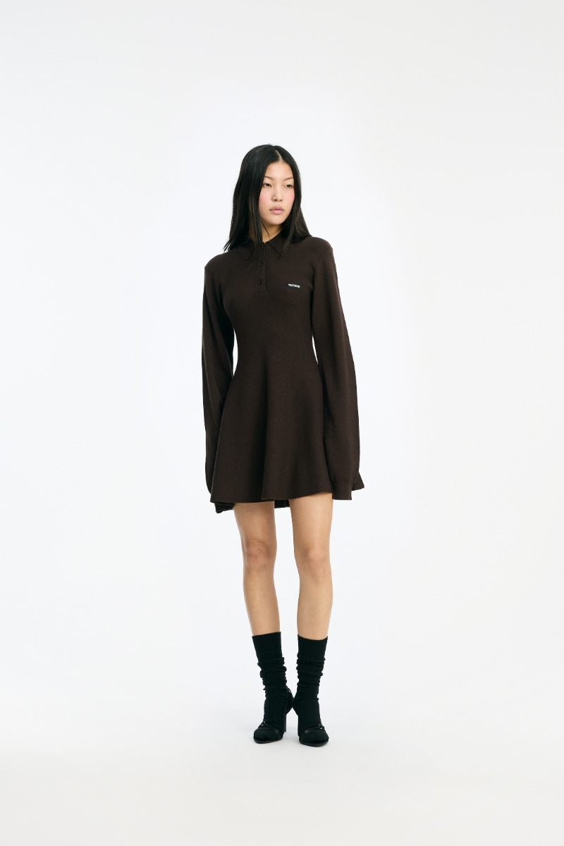 rotate birger christensen Slinky Knit Polo Dress Dark Brown