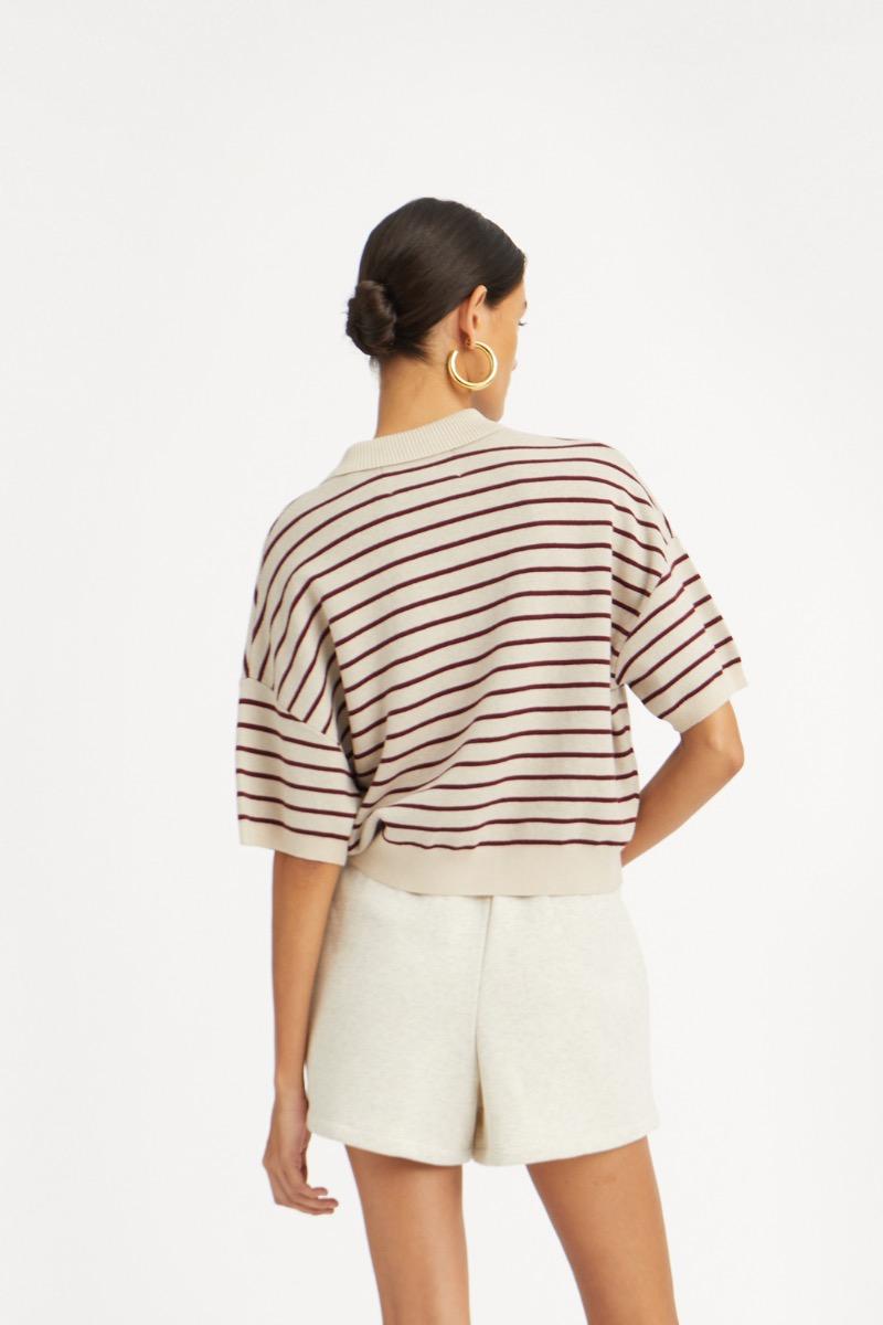 Rotate Birger Christensen Slinky Knit Polo Striped Beige