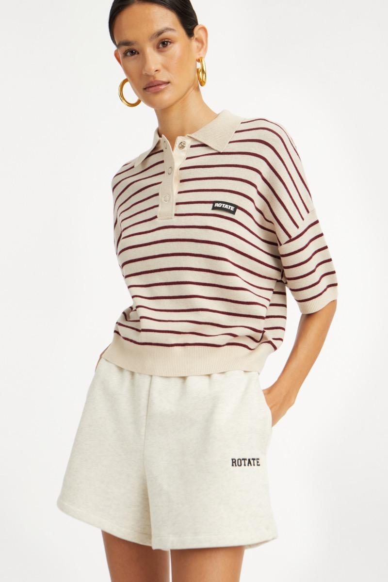 Rotate Birger Christensen Slinky Knit Polo Striped Beige