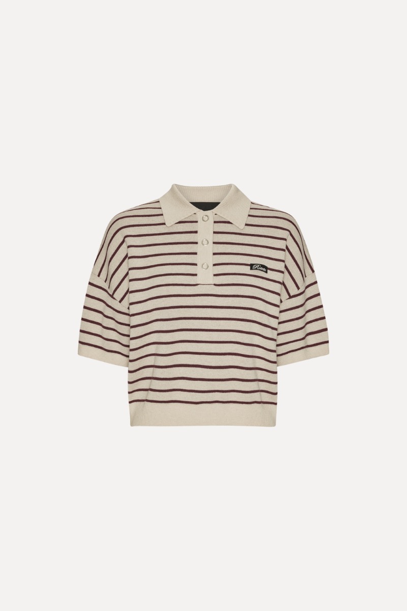 Rotate Birger Christensen Slinky Knit Polo Striped Beige
