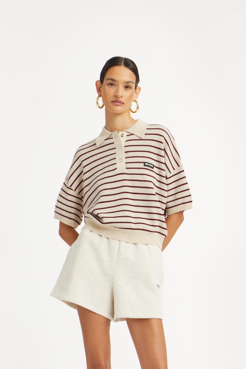 rotate birger christensen Slinky Knit Polo Striped Beige