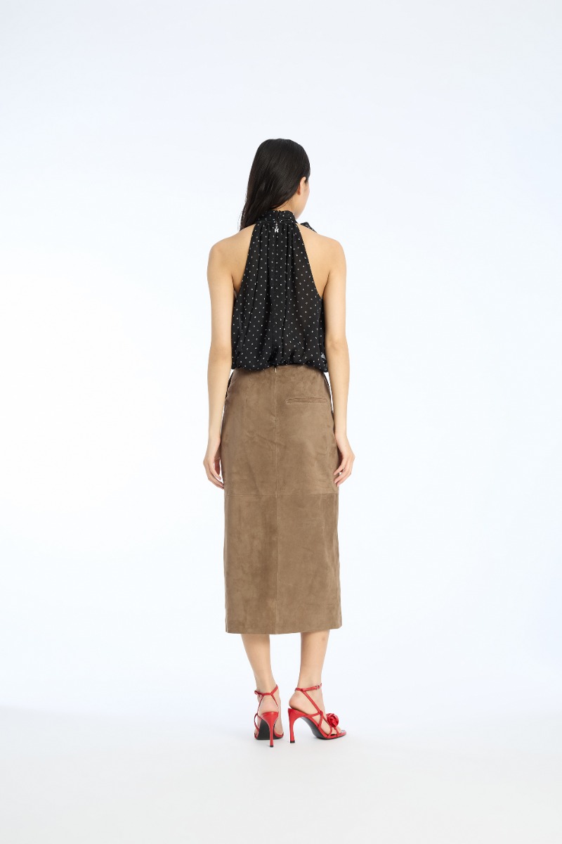 Rotate Birger Christensen Suede Midi Pencil Skirt Brown