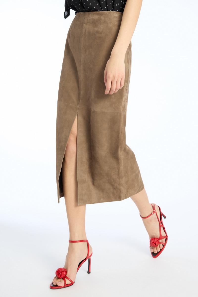 Rotate Birger Christensen Suede Midi Pencil Skirt Brown