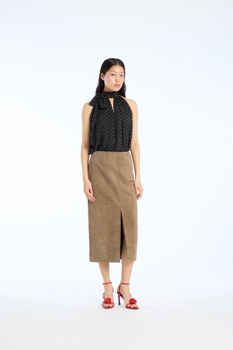 rotate birger christensen Suede Midi Pencil Skirt Brown