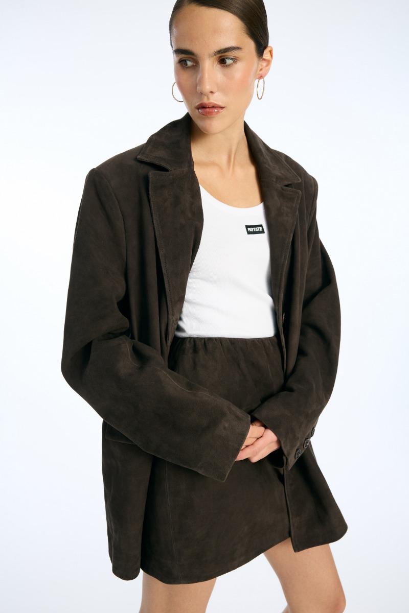 Rotate Birger Christensen Suede Mini Bell Skirt Chocolate Brown