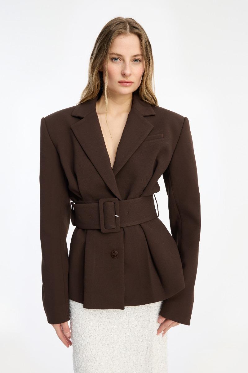 Rotate Birger Christensen Suiting Belted Blazer Dark Brown
