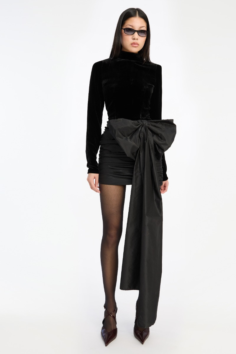 Rotate Birger Christensen Velvet Bow Mini Dress Black