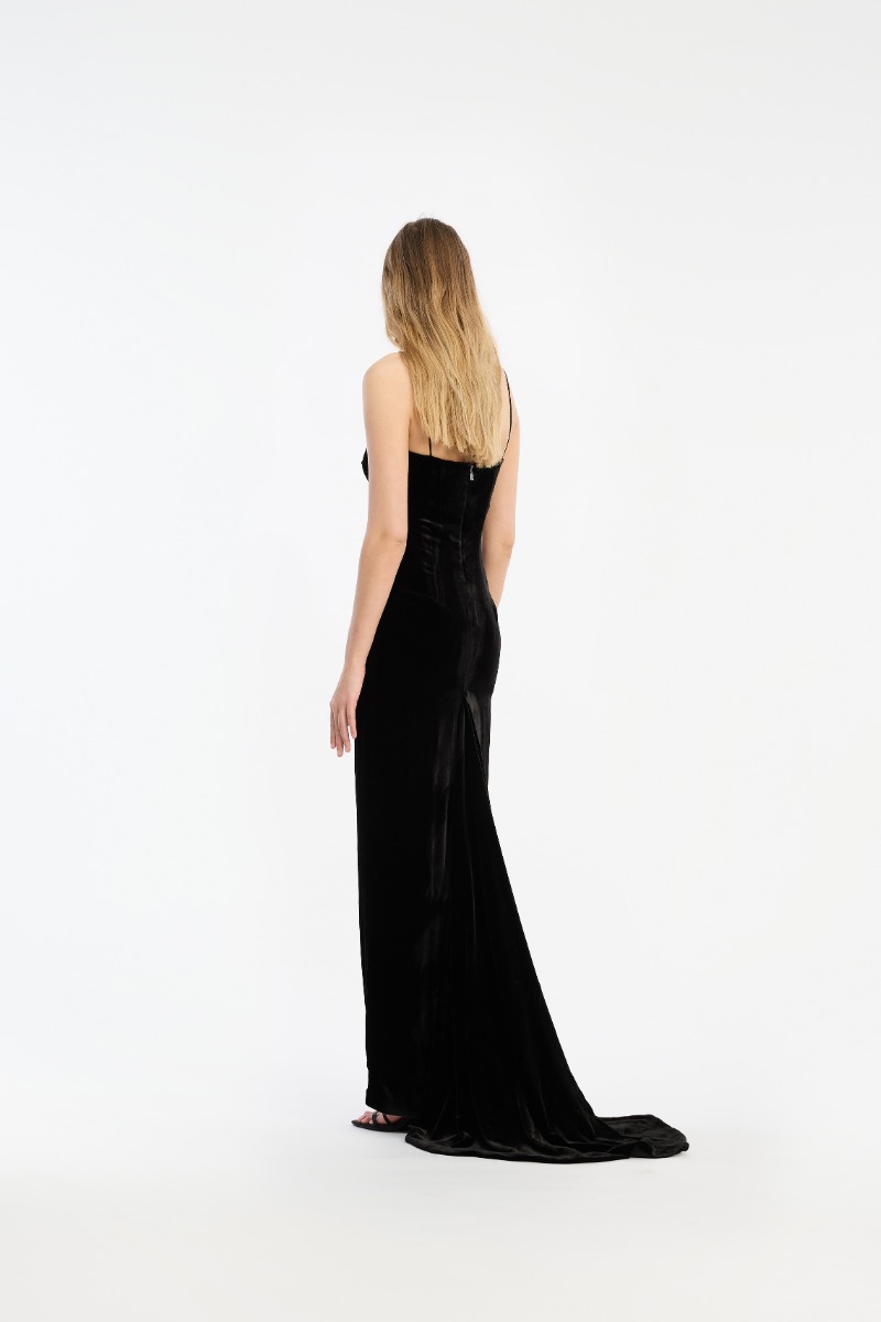 Rotate Birger Christensen Velvet Maxi Train Dress Black