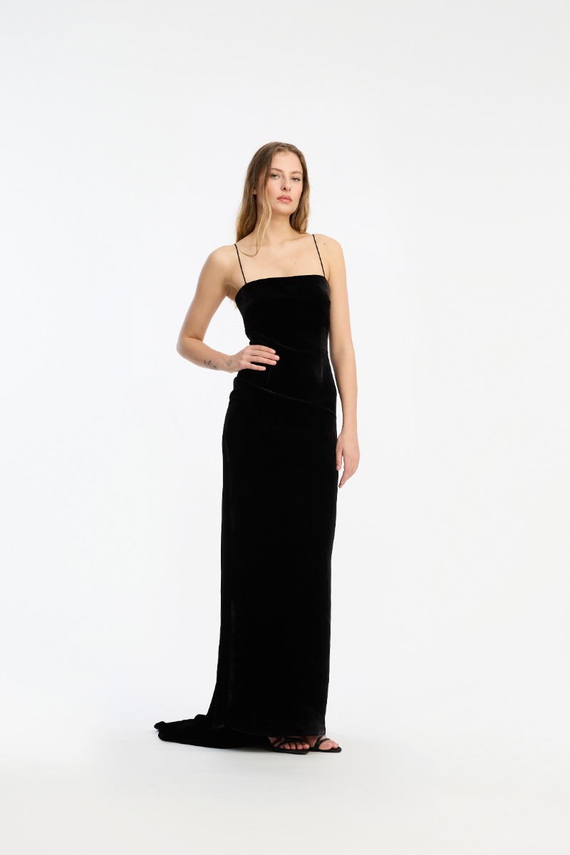 rotate birger christensen Velvet Maxi Train Dress Black