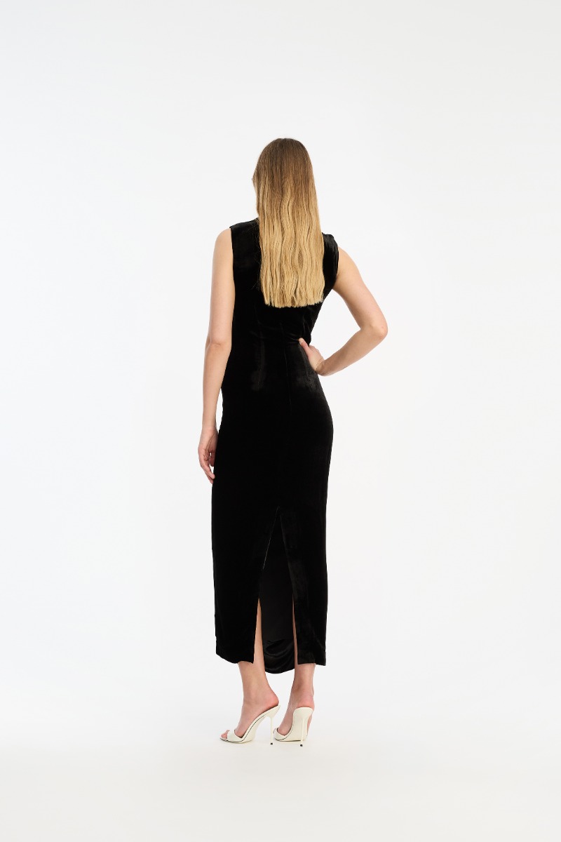 Rotate Birger Christensen Velvet Ruched Midi Dress Black