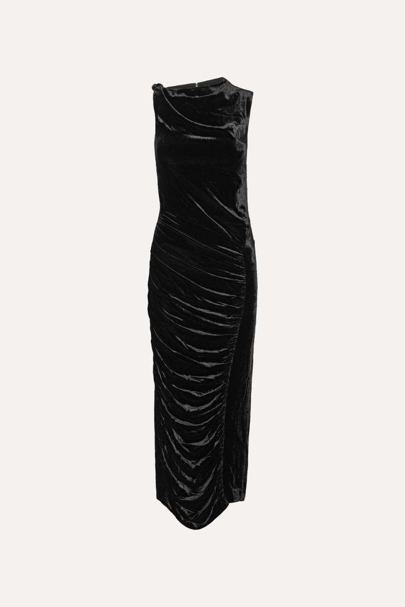Rotate Birger Christensen Velvet Ruched Midi Dress Black