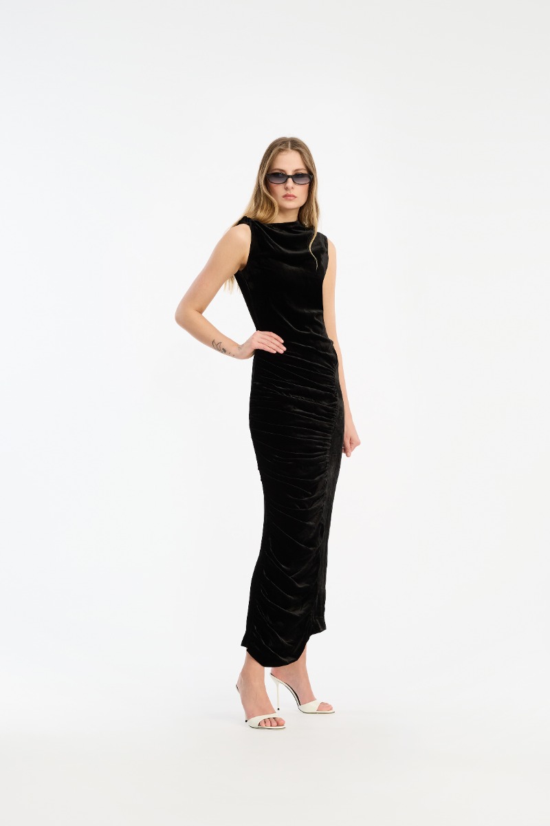 rotate birger christensen Velvet Ruched Midi Dress Black