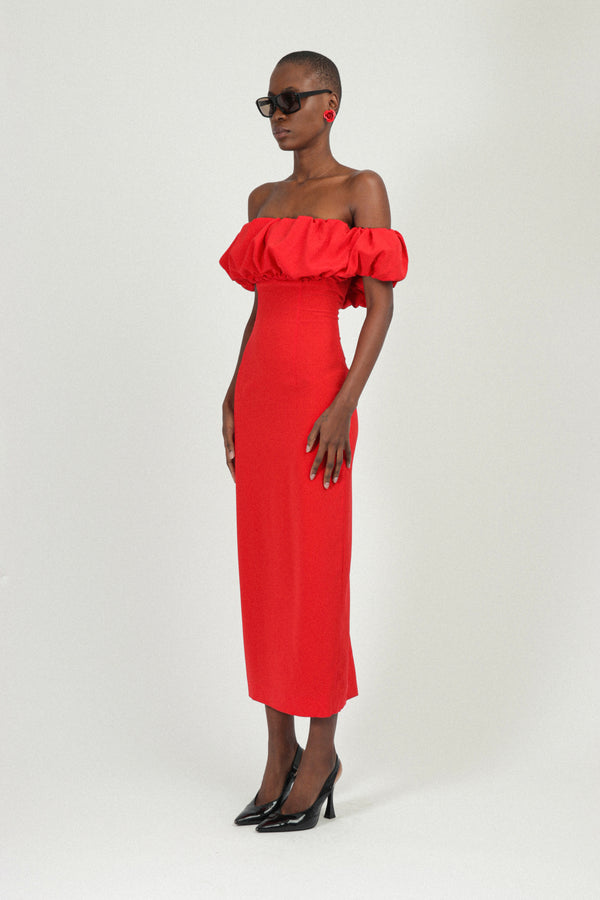 Rowen Rose Bardot Long Dress With Gathered Neckline In Sable