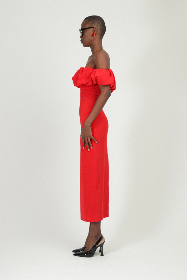 Rowen Rose Bardot Long Dress With Gathered Neckline In Sable